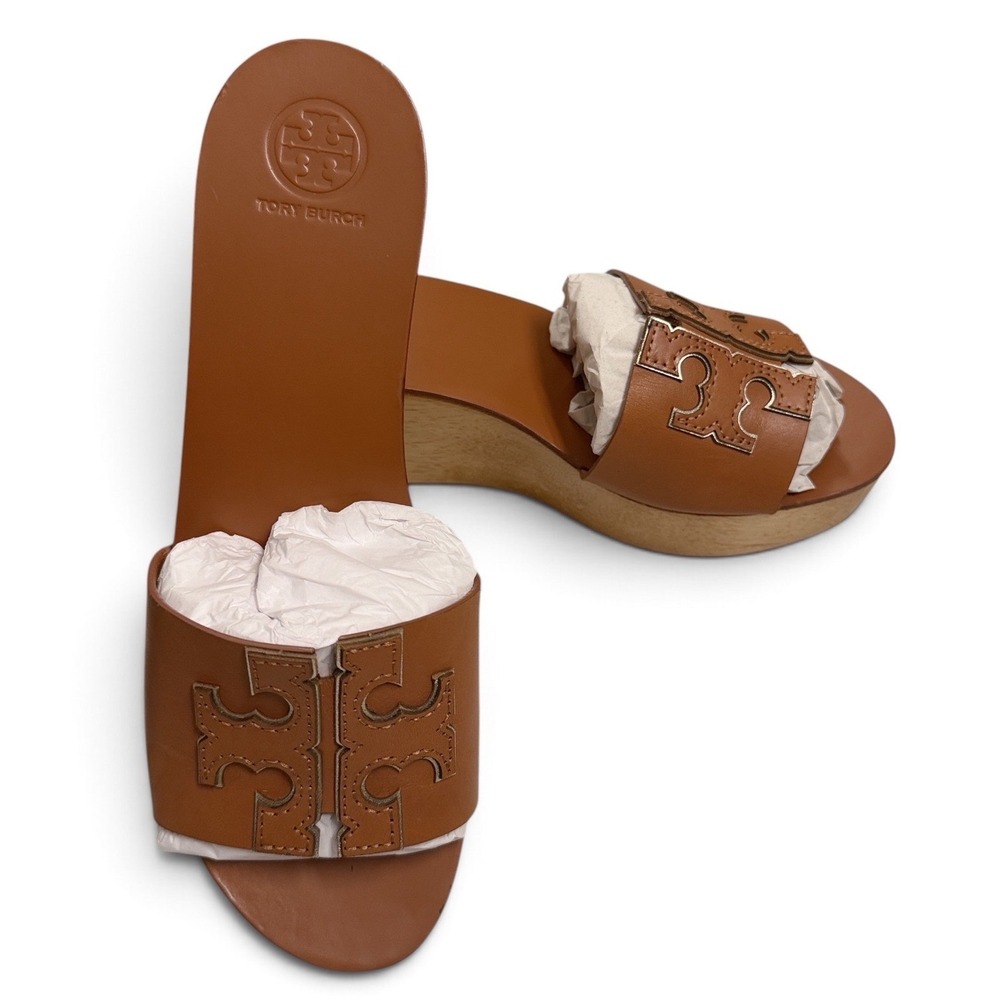 Tory Burch Ines 80mm Wedge Slide Womens 7.5 Tan Leather Wood Platform Excellent